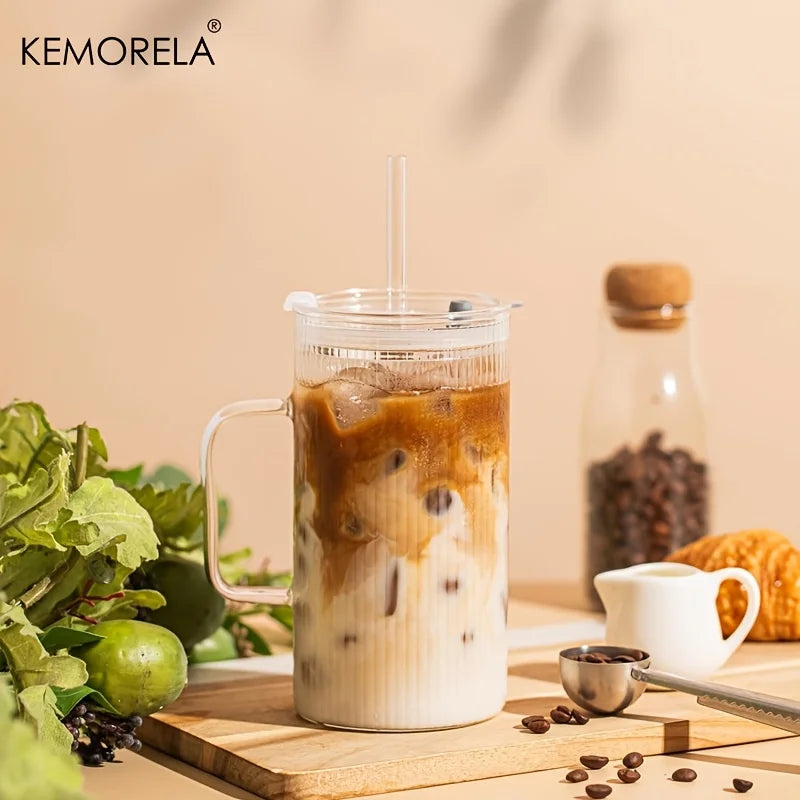 KEMORELA 740ml Ribbed Glass Tumbler with Handle, Lid & Straw Glass Tumbler Set Axl