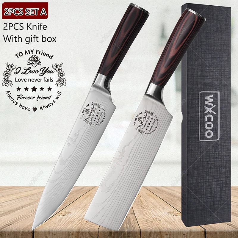 WXCOO Japanese Chef Knife 5Cr15Mov Steel Santoku Boning Knife Chef Kitchen Knife Axl 2PCS SET A