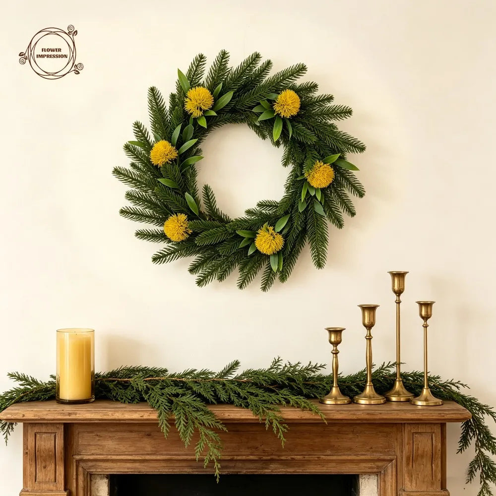 Artificial Spruce Wreath – Yellow Dandelion Farmhouse Décor Artificial Floral Wreath Axl