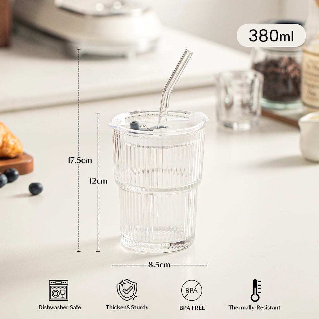 450ml Striped Glass Cups with Lid & Straw | Set of 1 or 2 Glass Drinking Cup Axl