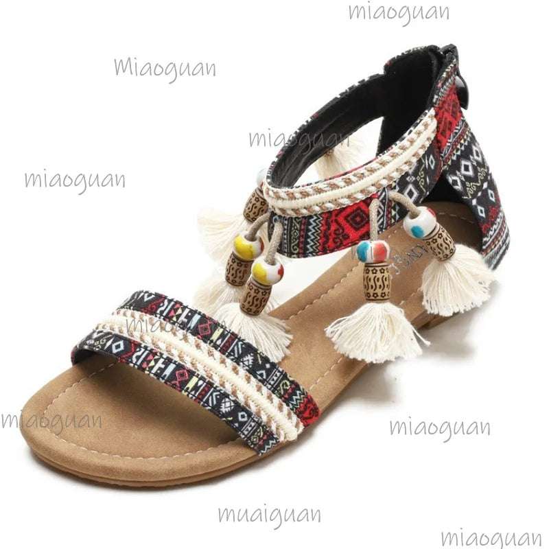 Women's Ethnic Retro Cross-Strap Flat Sandals | Open Toe Flat Sandals Axl