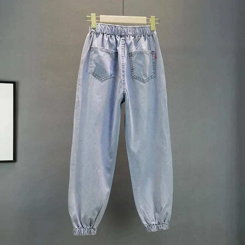 Women's Rhinestone Loose Denim Jeans Light Blue Plus Size S-5XL Women's Denim Jeans Axl