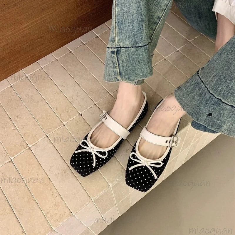 Women's Bowknot Ballet Flats – Buckle Strap Square Toe Shoes Ballet Flats Axl