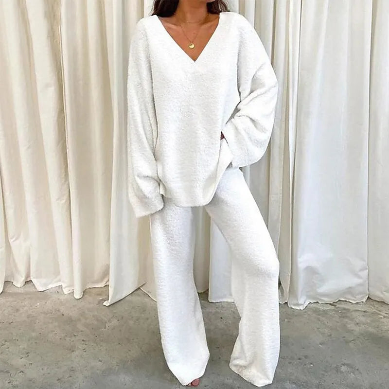 Women's Winter V-Neck Pajama Set – 2-Piece Sleepwear S–3XL Women's Pajama Set Axl white L
