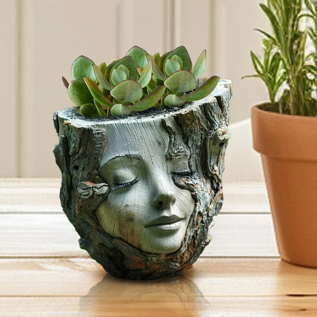 Girl Face Resin Flower Pot – Handmade Tree Stump Garden Statue Decorative Garden Planter Axl