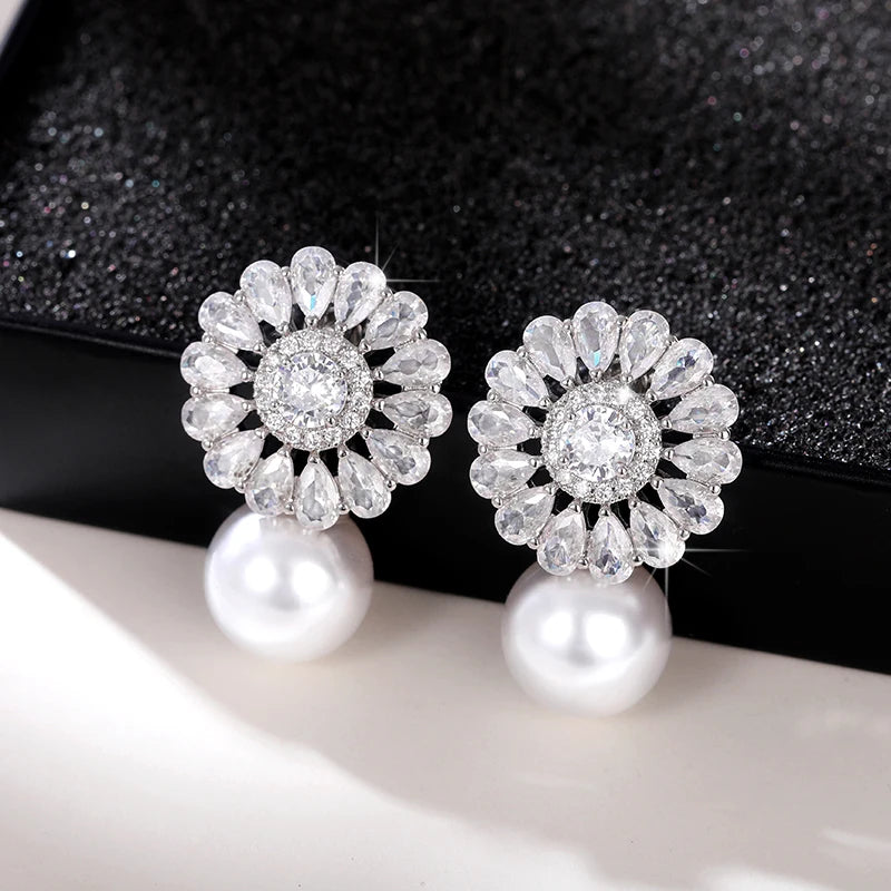 Huitan Bridal Pearl CZ Drop Earrings – Iced Out Silver Drop Earrings Axl