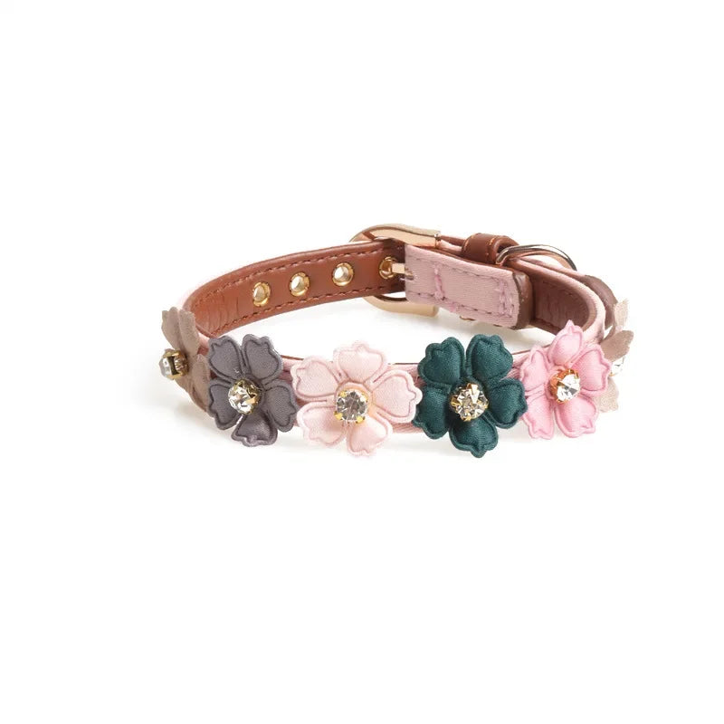 Rhinestone Flower Dog Cat Collar – Adjustable PU Leather Chain Pet Collar Axl 1.3X34CM Pink
