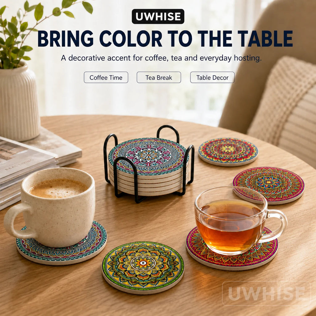 6-Piece Boho Mandala Ceramic Coasters Set with Holder Ceramic Coaster Set Axl
