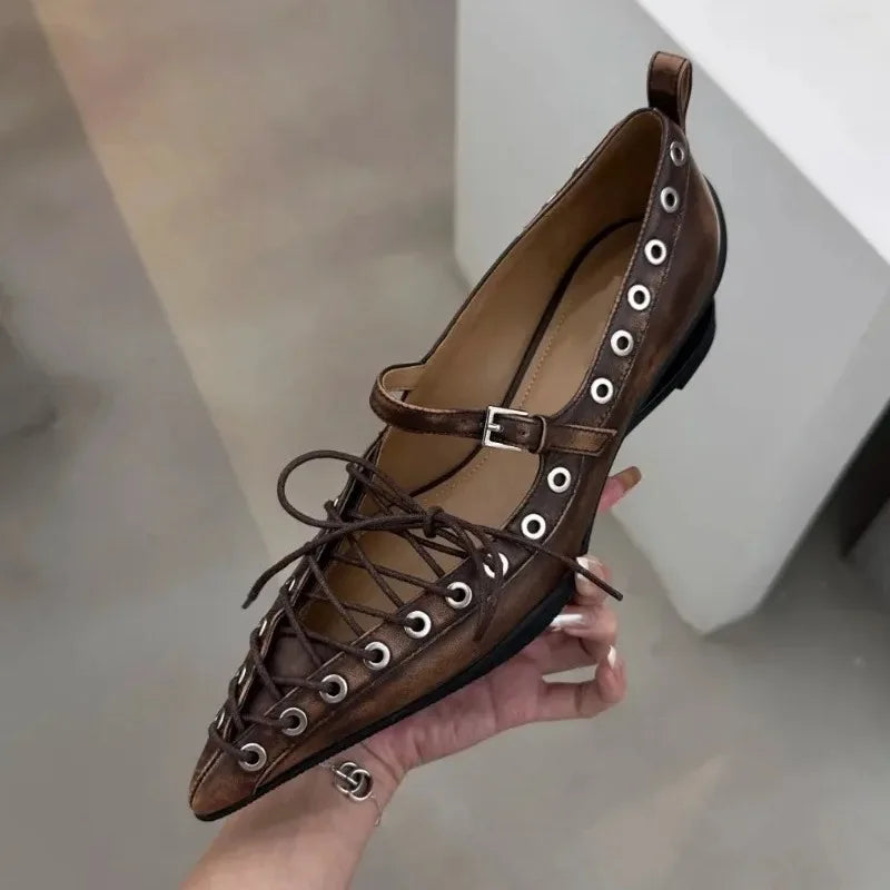 Women's Retro Pointed Toe Lace-Up Pumps | Rivet Buckle Heels Women's Pumps Axl