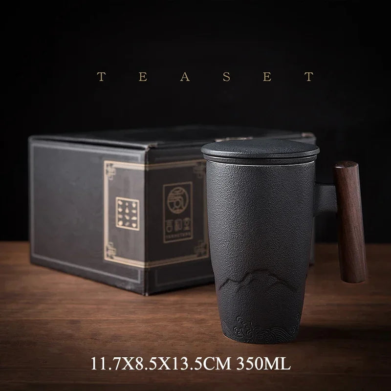 Retro Ceramic Tea Mug with Lid, Filter & Wooden Handle Ceramic Tea Mug Axl 3 350ML