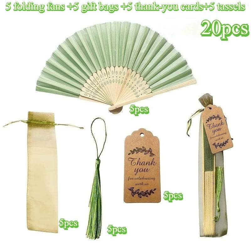 20-Pack Folding Hand Fans with Tassels, Cards & Gift Bags Party Favor Fan Set Axl Green-20pcs