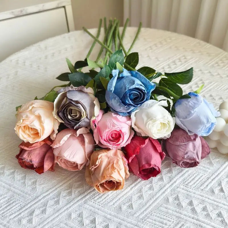 10-Pack Burnt Edge Artificial Silk Rose Stems 50cm | Faux Flowers Artificial Flower Stems Axl