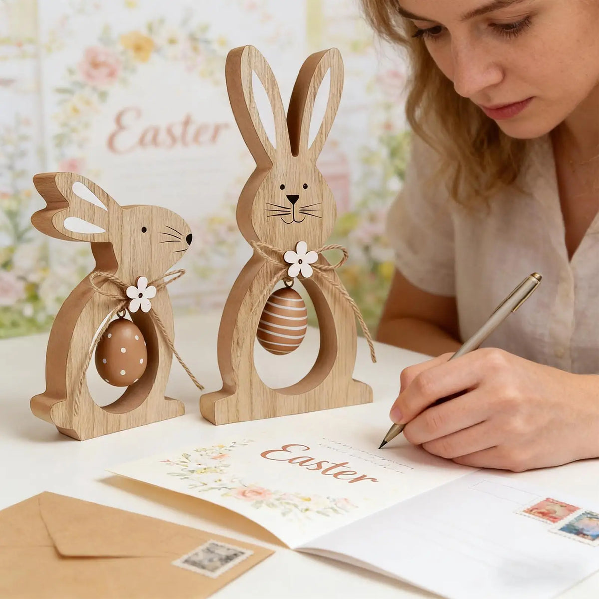 Wooden Easter Bunny Statues – Set of 2 Standing Ornaments Easter Bunny Ornament Axl