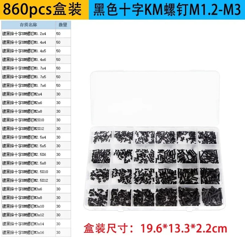 860-Piece M1.2–M3 Black Carbon Steel Countersunk Screw Kit Screw Assortment Kit Axl