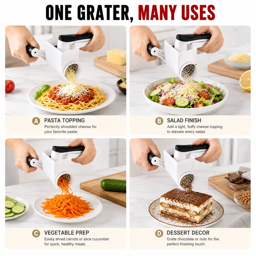 Handheld Rotary Cheese Grater – 3 Drum Vegetable Slicer Rotary Cheese Grater Axl