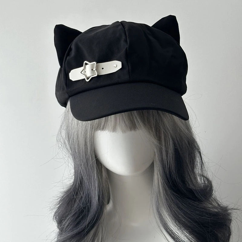 Women's Cat Ear Gothic Beret – Y2K Harajuku Punk Cotton Hat Gothic Beret Hat Axl one size white