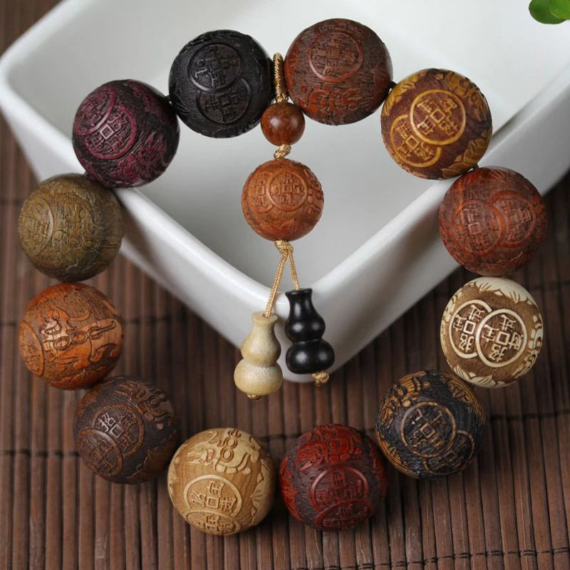 20mm Handmade Wood Carved Beaded Bracelet with Pendant | Unisex Beaded Wood Bracelet Axl