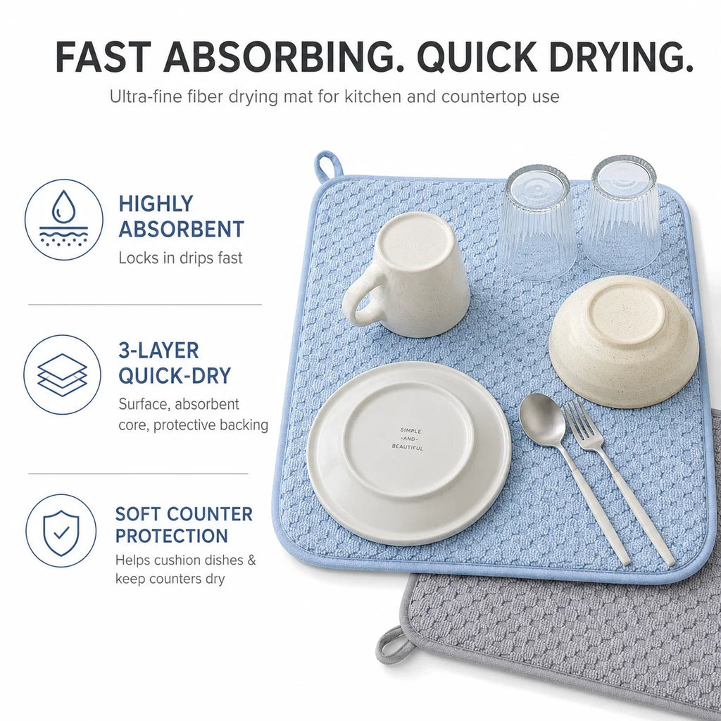 2-Pack Microfiber Dish Drying Mat – Absorbent Kitchen Counter Pad Dish Drying Mat Axl