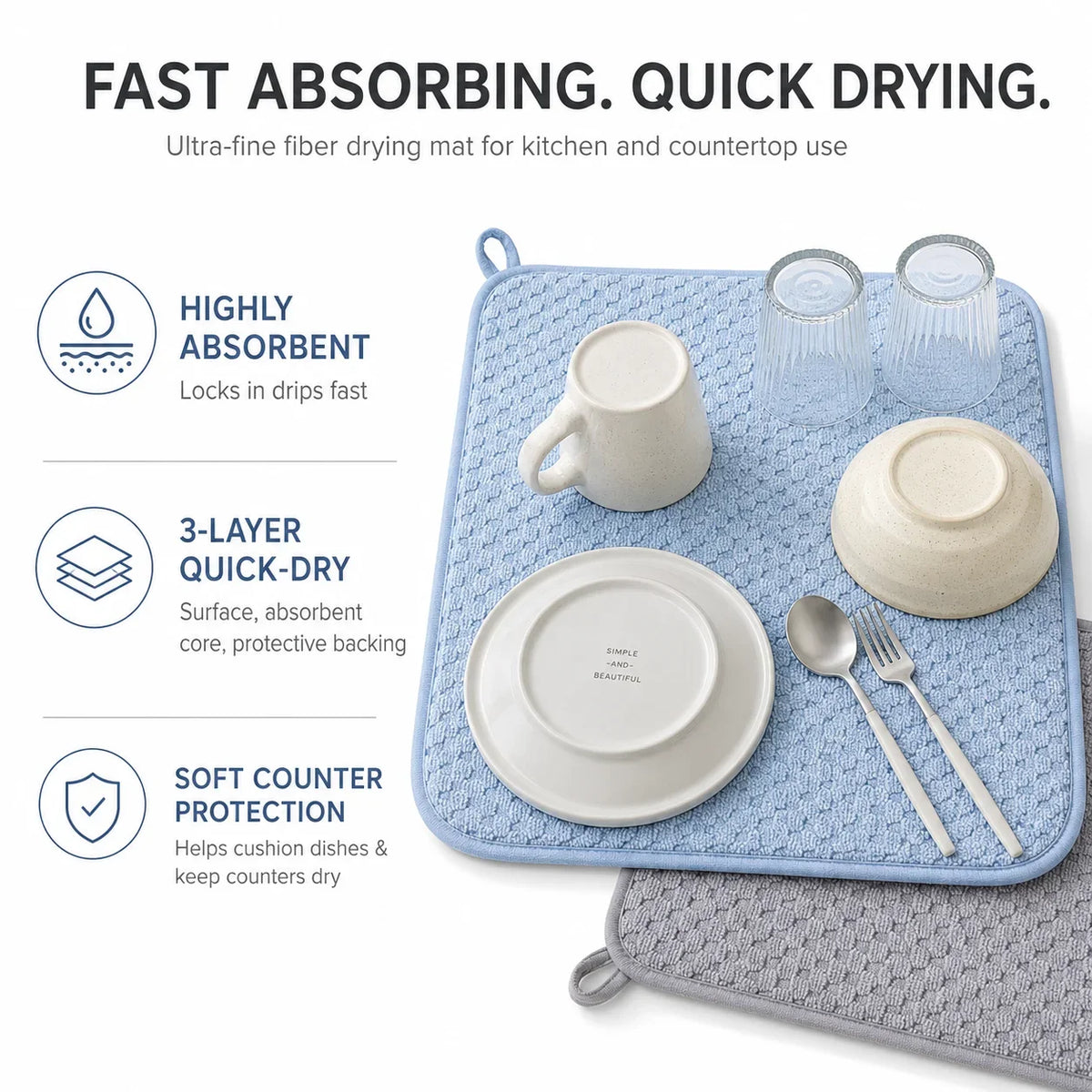 2-Pack Microfiber Dish Drying Mat – Absorbent Kitchen Counter Pad Dish Drying Mat Axl