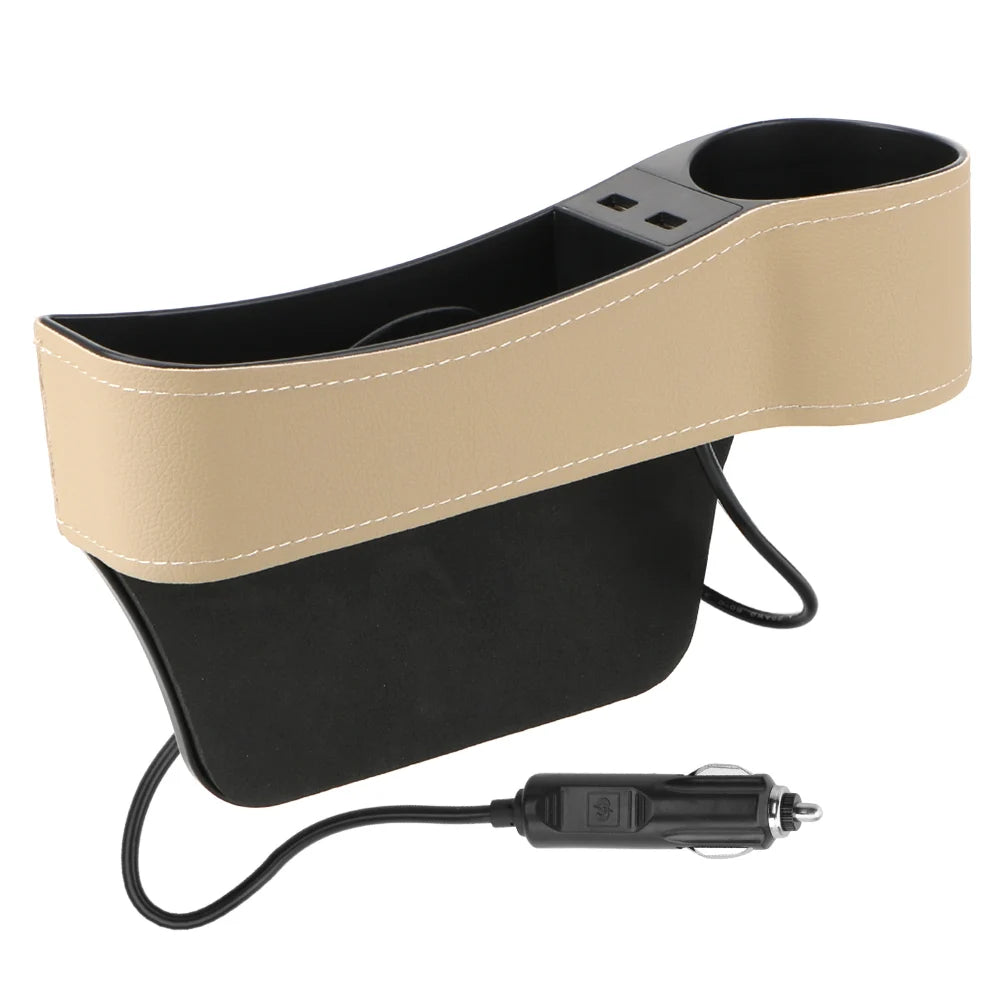 Car Seat Gap Organizer with Dual USB Charger | Leather Box Car Seat Organizer Axl Beige right
