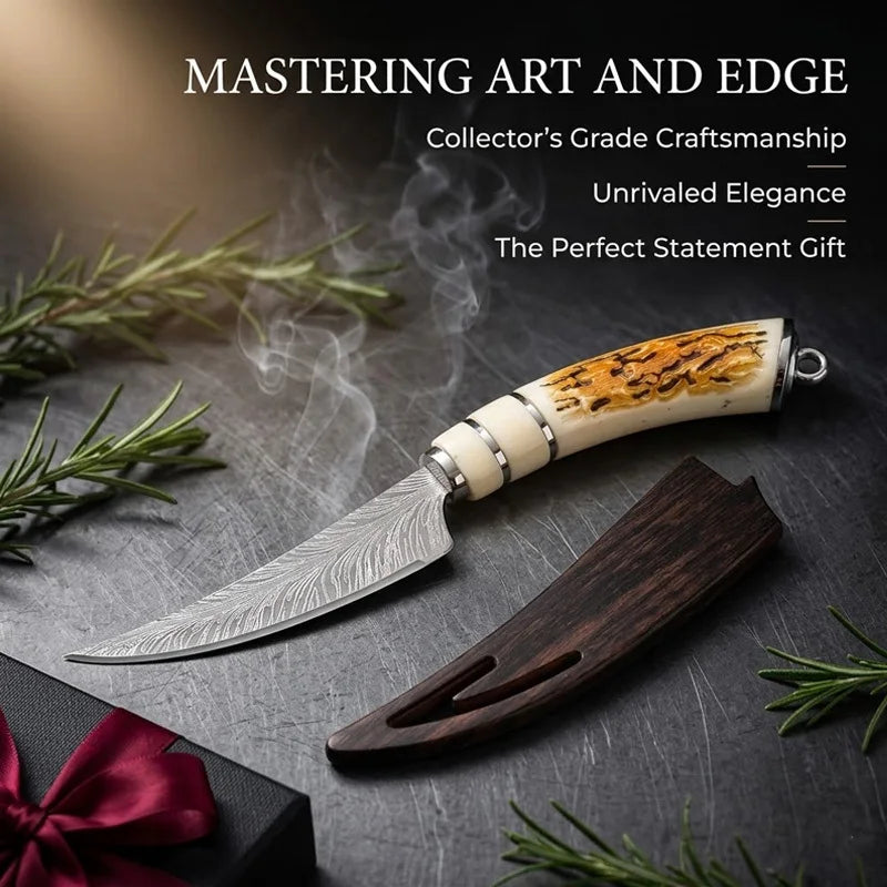 Damascus Feather Pattern Boning Knife with Sheath | Kitchen Knife Fixed Blade Kitchen Knife Axl