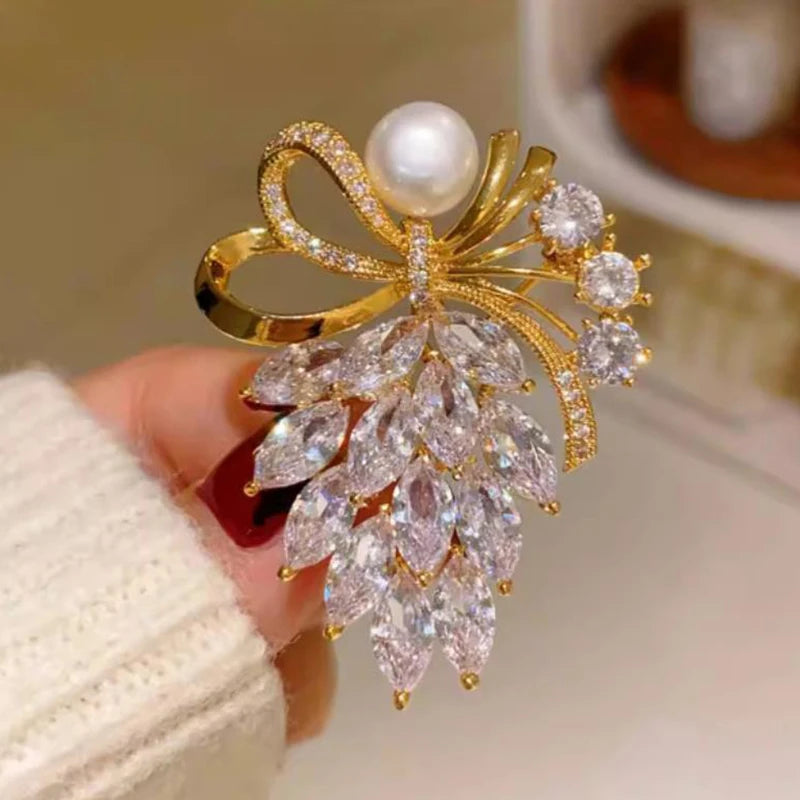 Rhinestone Crystal Bow Pearl Brooch – Women's Fashion Pin Fashion Brooch Pin Axl