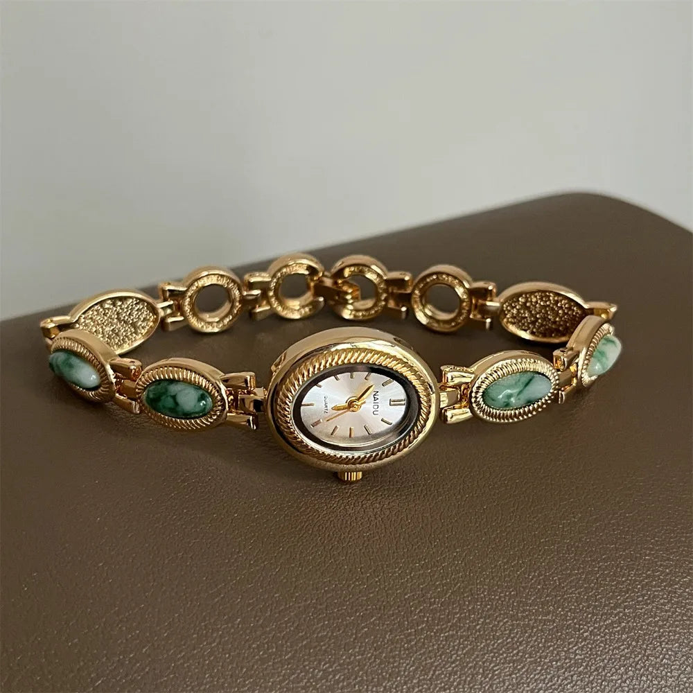 Luxury Oval Bracelet Watch – Vintage Gemstone Quartz Women Bracelet Watch Axl Green