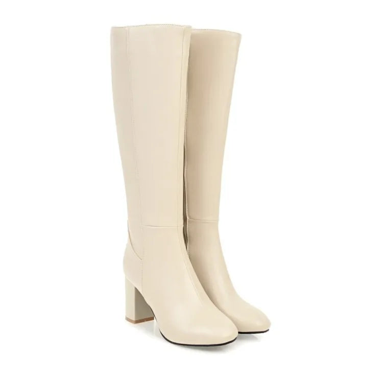 Women's Knee High PU Leather Block Heel Boots – Side Zip Knee High Boots Axl Beige 48