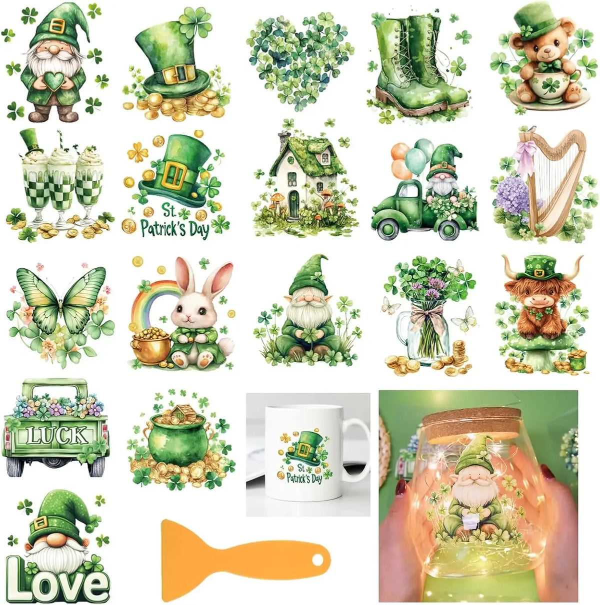 18Pc St. Patrick's Day Rub-On Transfers – Gnome & Clover Decals Holiday Transfer Decals Axl AECH04-16082