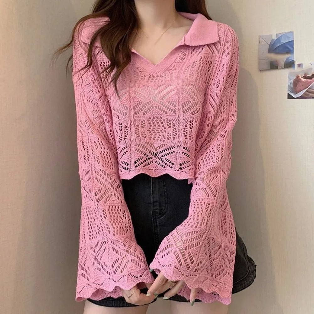 Women's V-Neck Crochet Hollow Knit Beach Top | Long Sleeve Crochet Knit Top Axl Pink One Size
