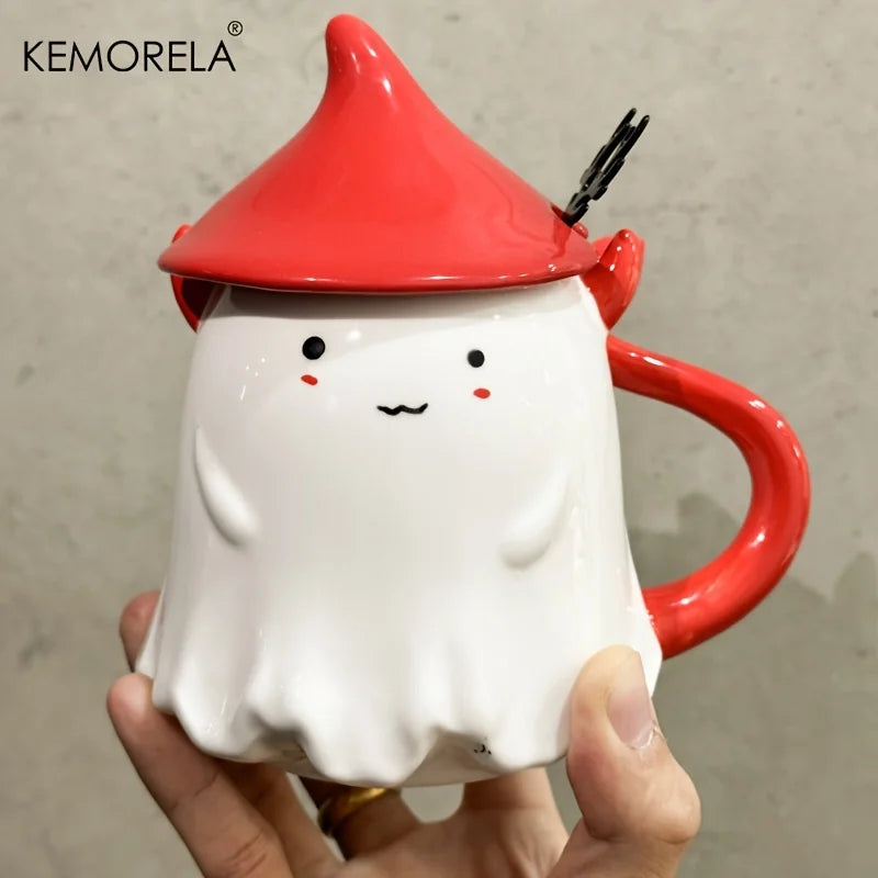 KEMORELA Halloween Ceramic Mug with Lid & Spoon 470ml Ceramic Coffee Mug Axl Red 300ml