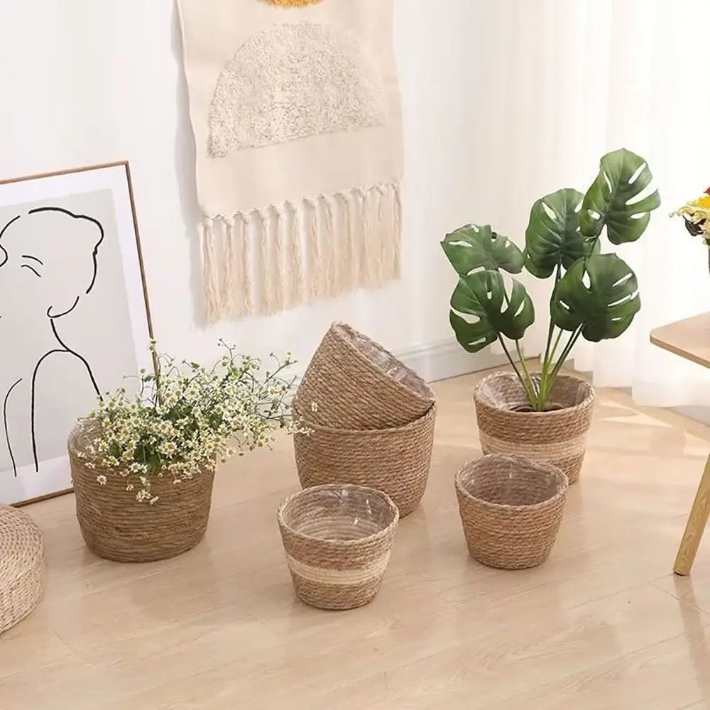 Woven Grass Planter Basket | Natural Straw Flower Pot Cover Woven Planter Basket Axl