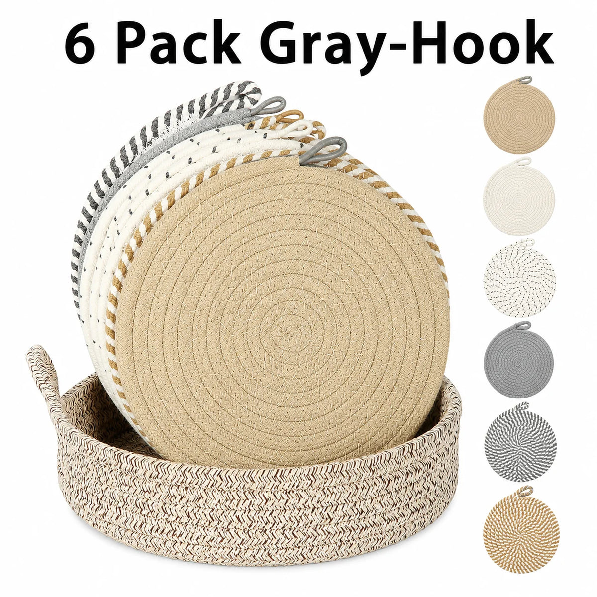 Woven Cotton Trivet Set of 6 with Holder | Nordic Hot Pads Kitchen Trivets Set Axl 6 Pack Gray-Hook 18cm