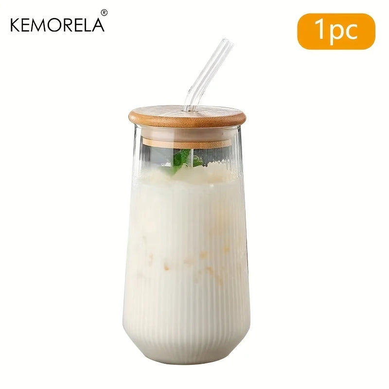 KEMORELA Vertical Striped Glass with Lid & Straw | 1 or 2 Pack Striped Drinking Glass Axl 1PCS 301-400ml