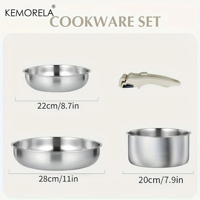 KEMORELA 4-Pc Stainless Steel Cookware Set – Detachable Handle Cookware Set Axl