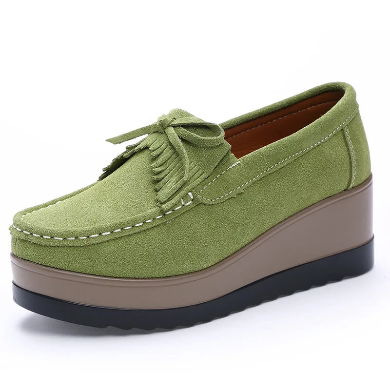 Women's Green Suede Platform Loafers – Tassel Fringe Moccasins Platform Loafers Axl Green 39