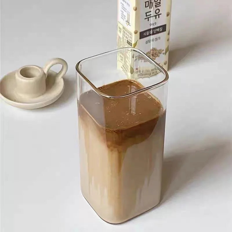 Square Heat-Resistant Glass Cup with Lid & Straw | KEMORELA Glass Drinkware Set Axl