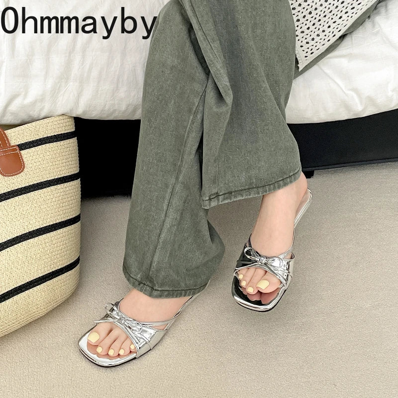 Women's Low Heel Butterfly-Knot Open Toe Slide Slippers Women's Slide Slippers Axl