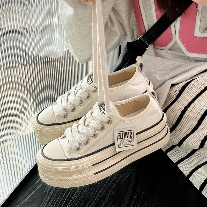 Women's Platform Canvas Sneakers – Casual Lace-Up Flats Canvas Flat Sneakers Axl