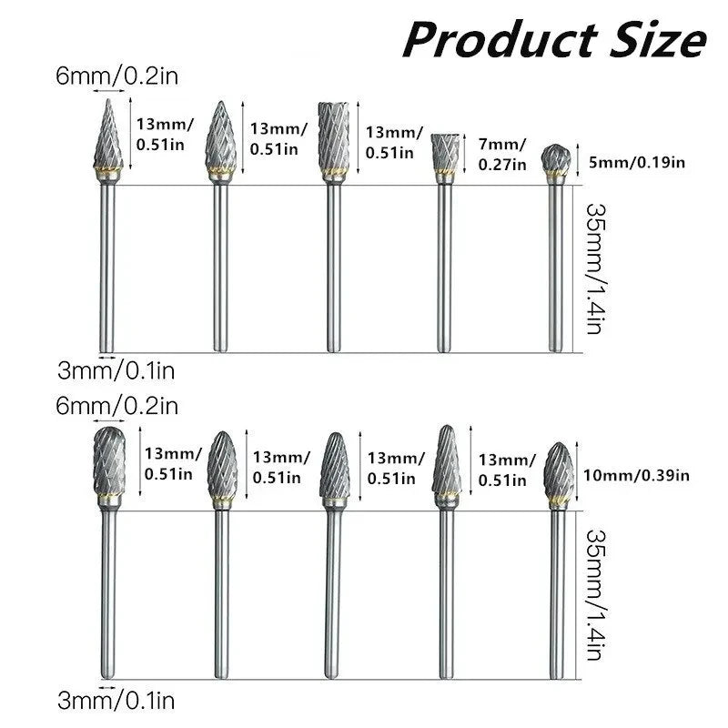10-Piece Tungsten Carbide Burr Set – 3mm Shank Die Grinder Bits Rotary Burr Set Axl Round Brown