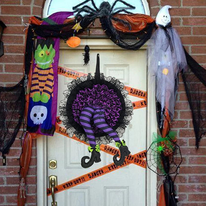 Halloween Witch Hat Leg Door Wreath – Spooky Hanging Garland Halloween Door Wreath Axl