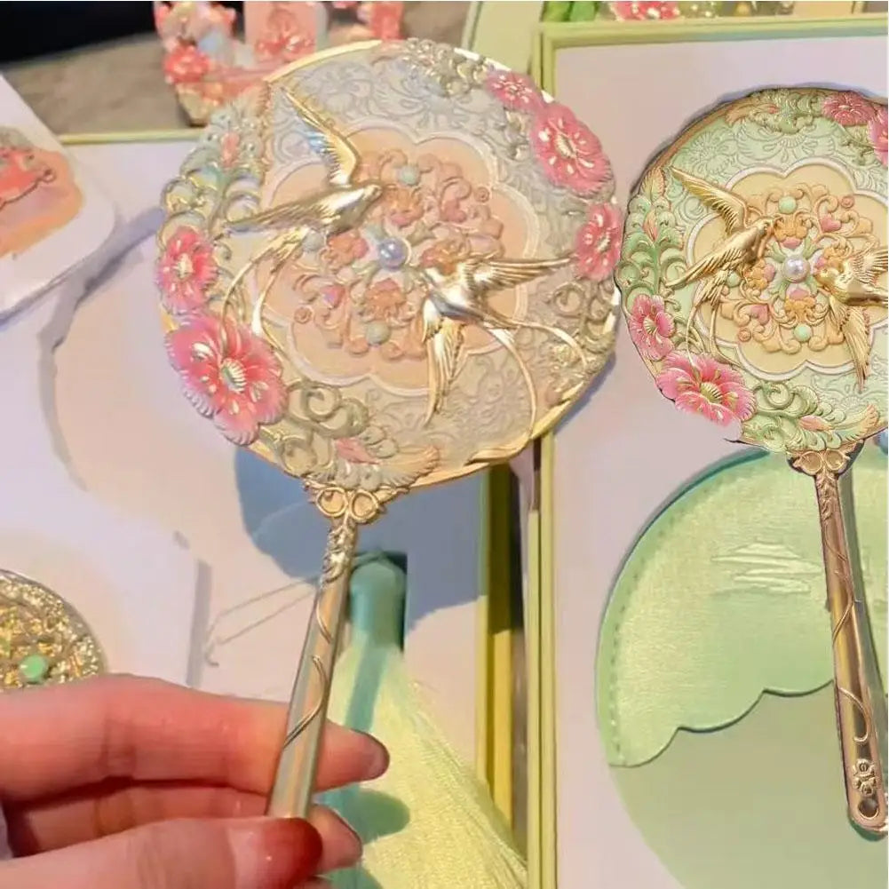 Vintage Chinese Handheld Mirror – 3D Peony Pocket Mirror Handheld Makeup Mirror Axl