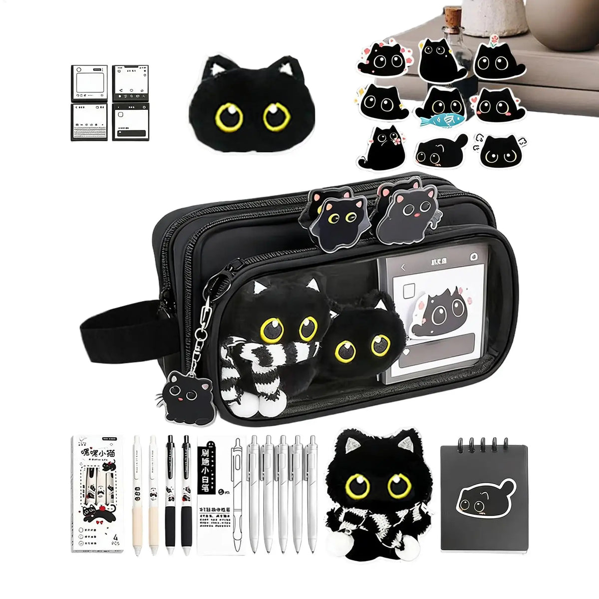 10-Layer Black Cat Pencil Case Set with Sticky Notes & Gel Pens Pencil Case Set Axl