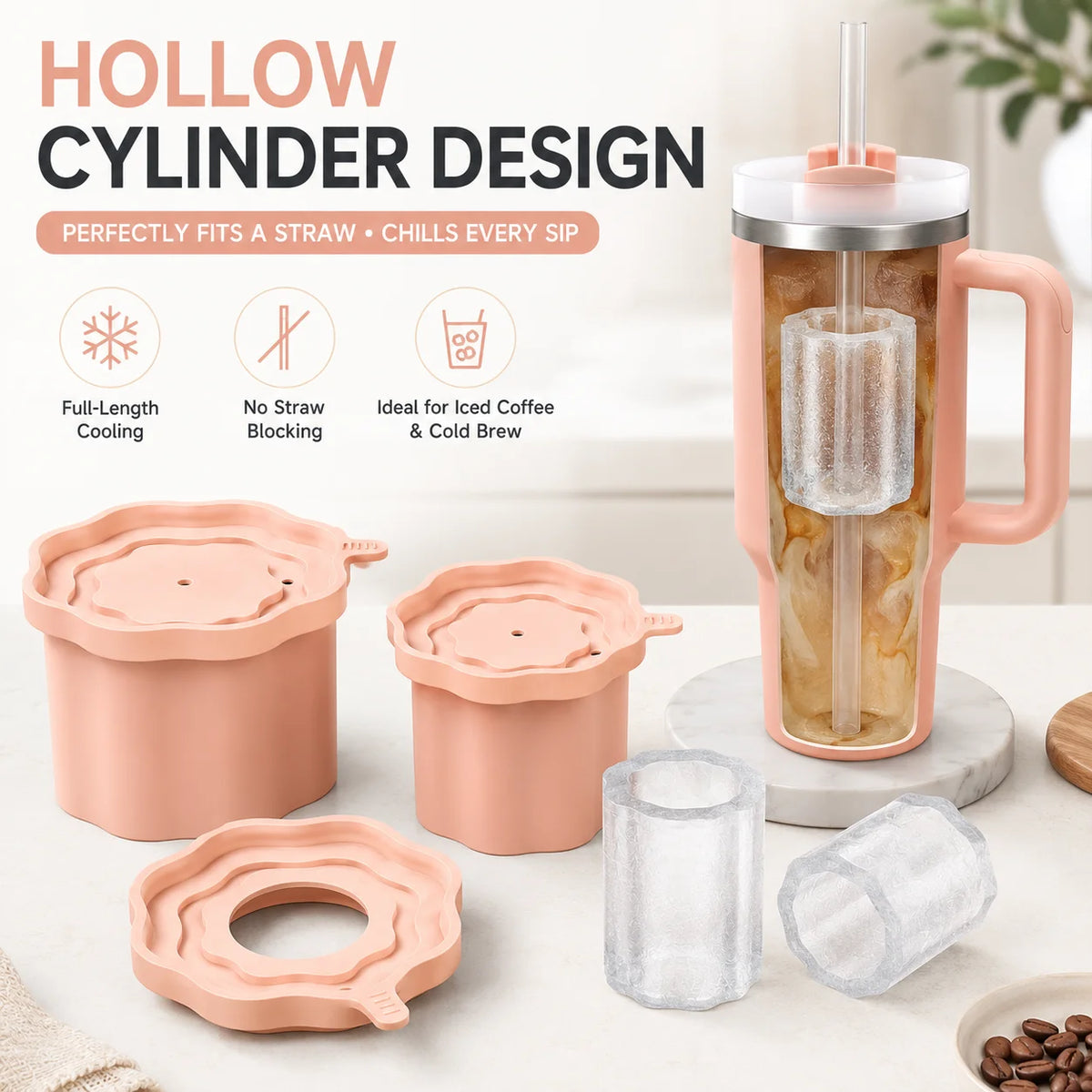 3-Piece Hollow Cylinder Ice Mold for 20–40oz Tumblers & Lids Silicone Ice Mold Axl