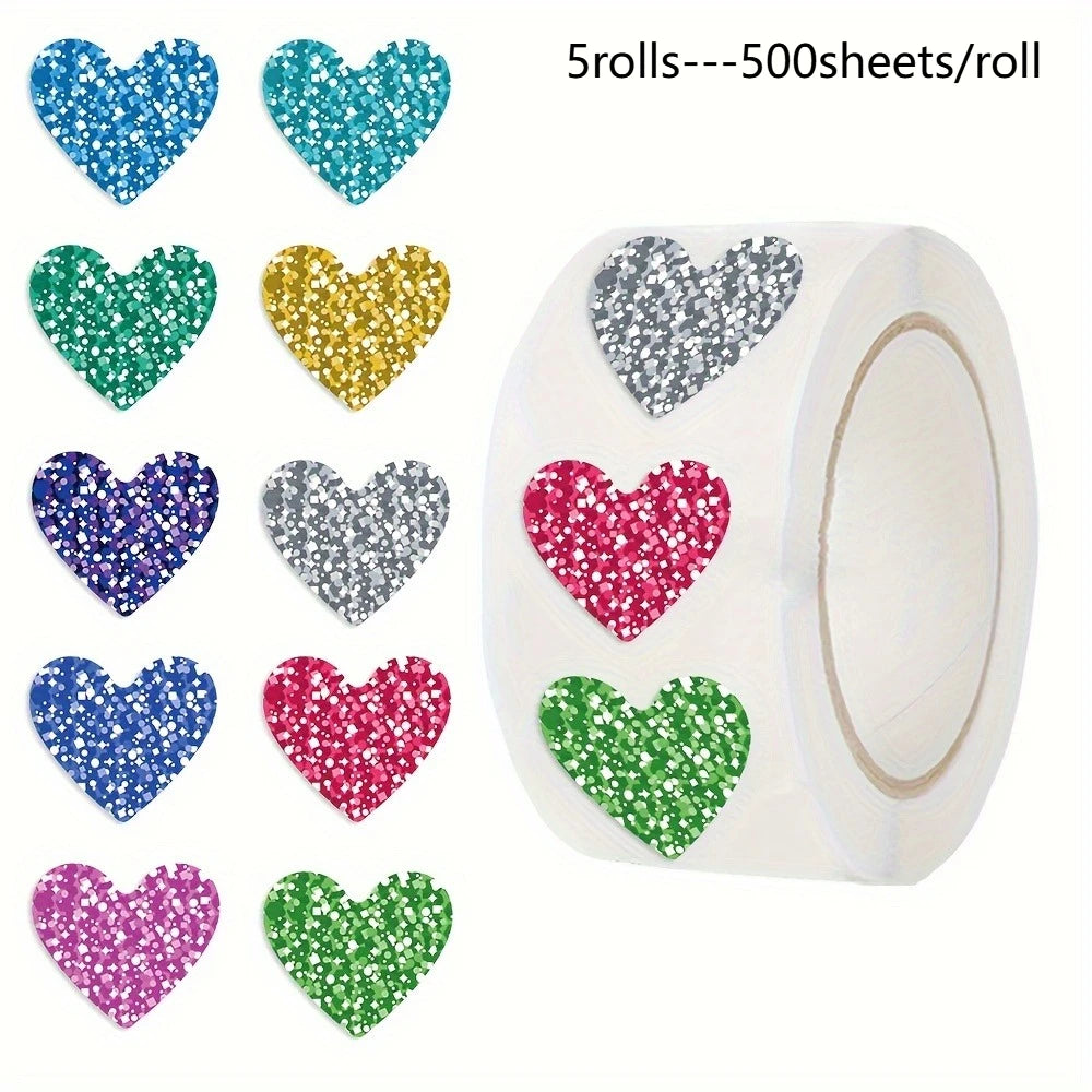 Glitter Heart Stickers Roll – 500 Sparkly Self-Adhesive Hearts Craft Stickers Axl 5 rolls Reference size chart