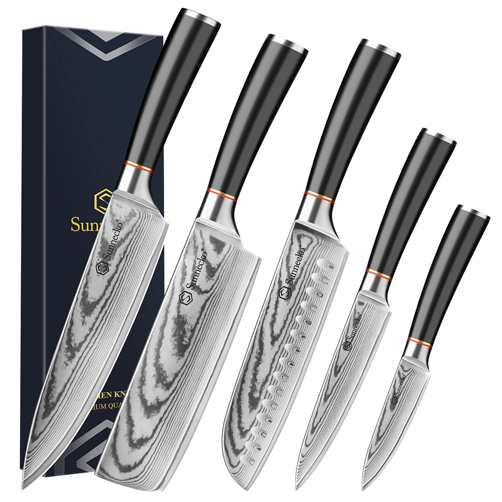 Sunnecko Damascus Chef Knife Set 1-5PCS | VG10 Steel Damascus Knife Set Axl 5PCS Set China Mainland