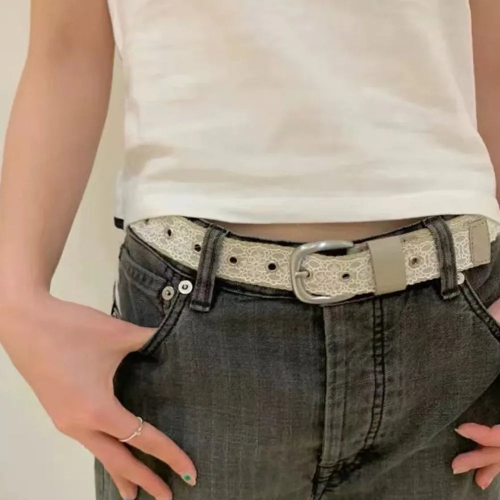 Korean Lace Canvas Waist Belt – Y2K Metal Buckle for Women Lace Waist Belt Axl