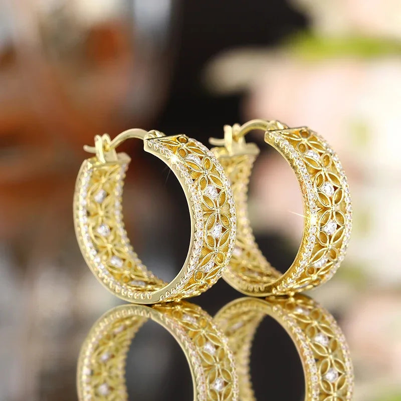Huitan Gold CZ Hollow Flower Hoop Earrings | Bridal Jewelry Hoop Earrings Axl