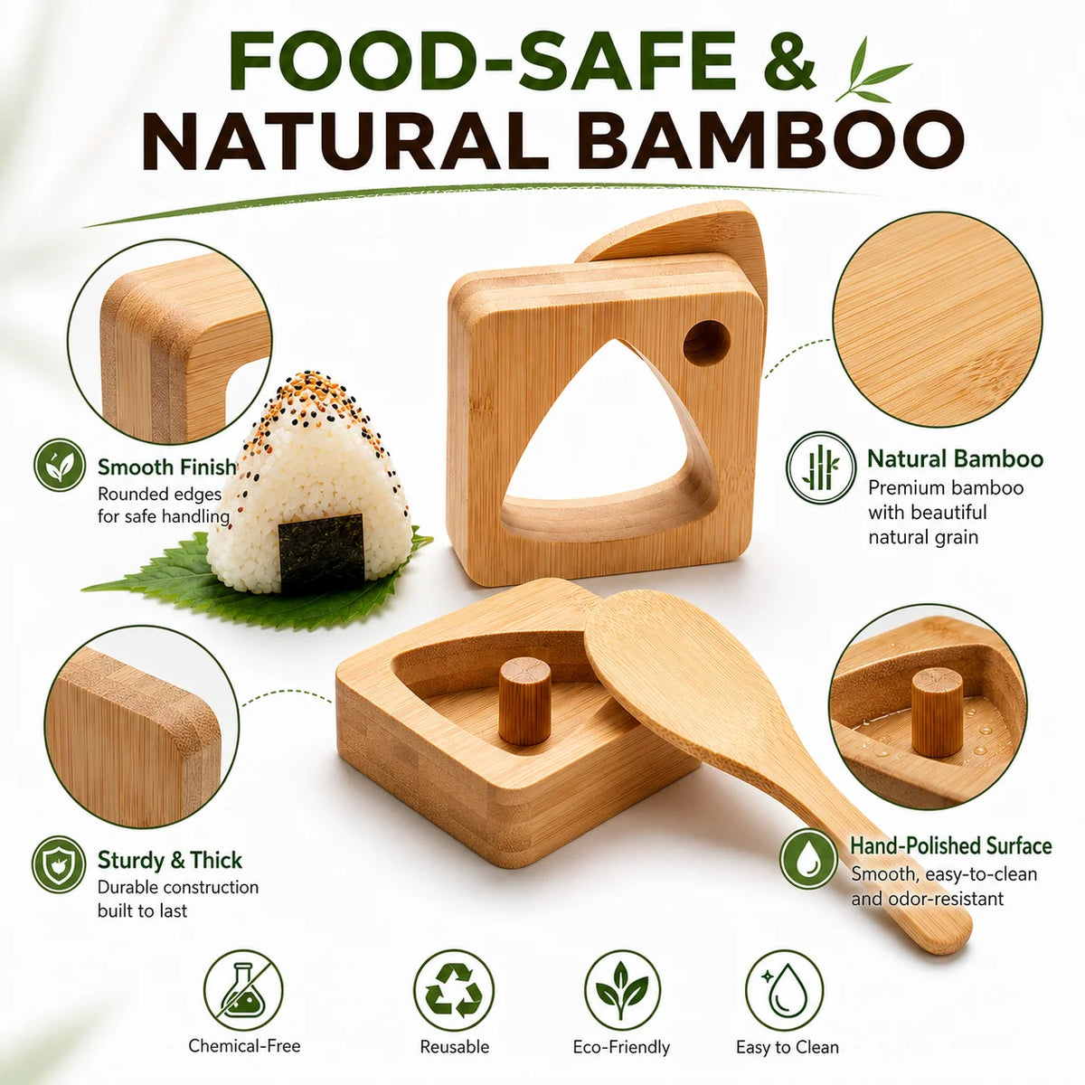 Natural Bamboo Onigiri Mold Set – 5-Piece Triangle Rice Ball Maker Sushi Mold Set Axl