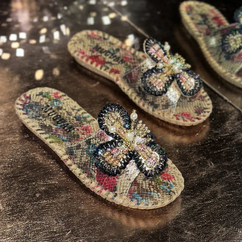 UXST Women Platform Slippers – Pearl Flower Printed Leather Platform Slippers Axl Gold 35